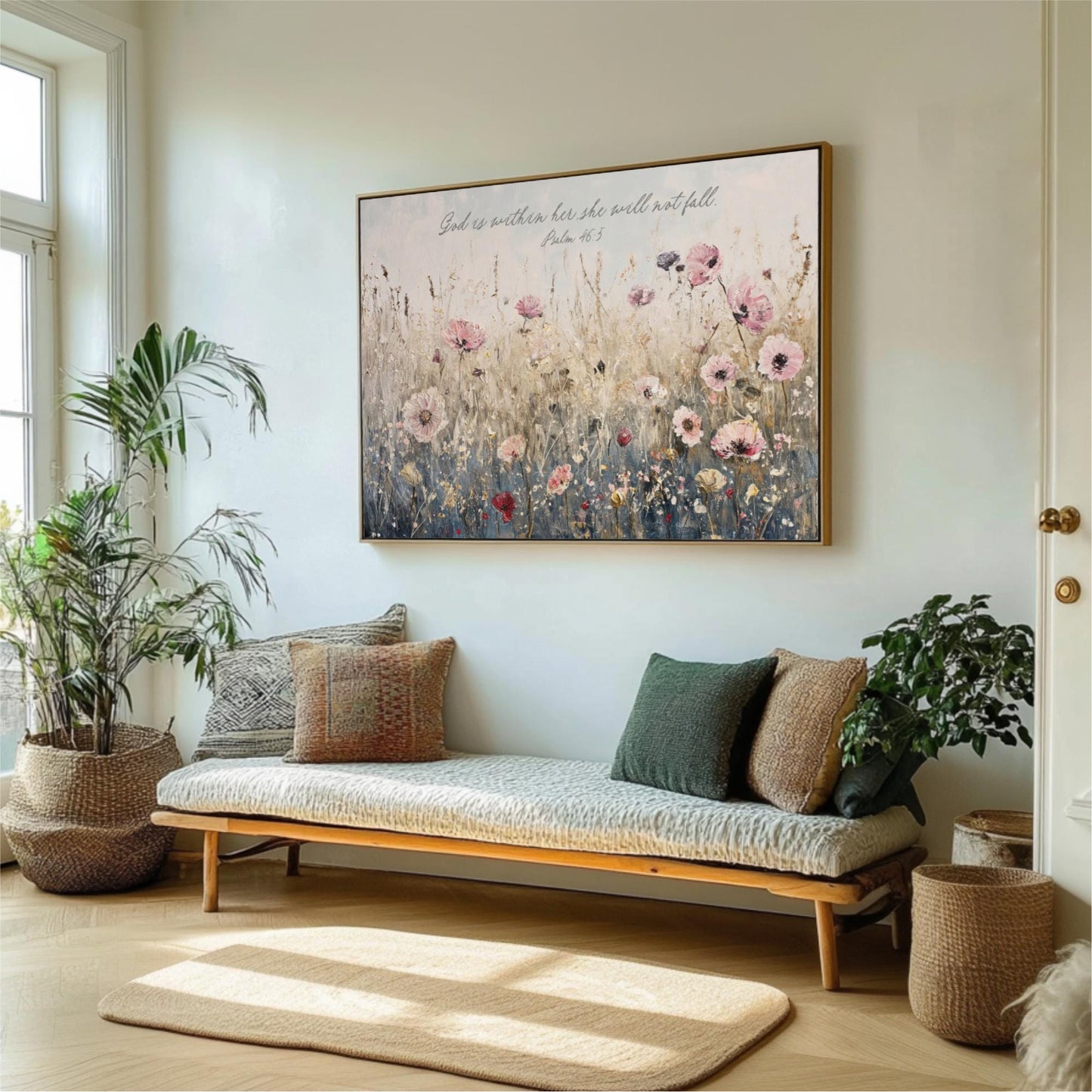 a living room with a large floral painting hanging on the wall above a wooden bench with pillows. The room is decorated with potted plants and a rug, creating a cozy and inviting atmosphere.