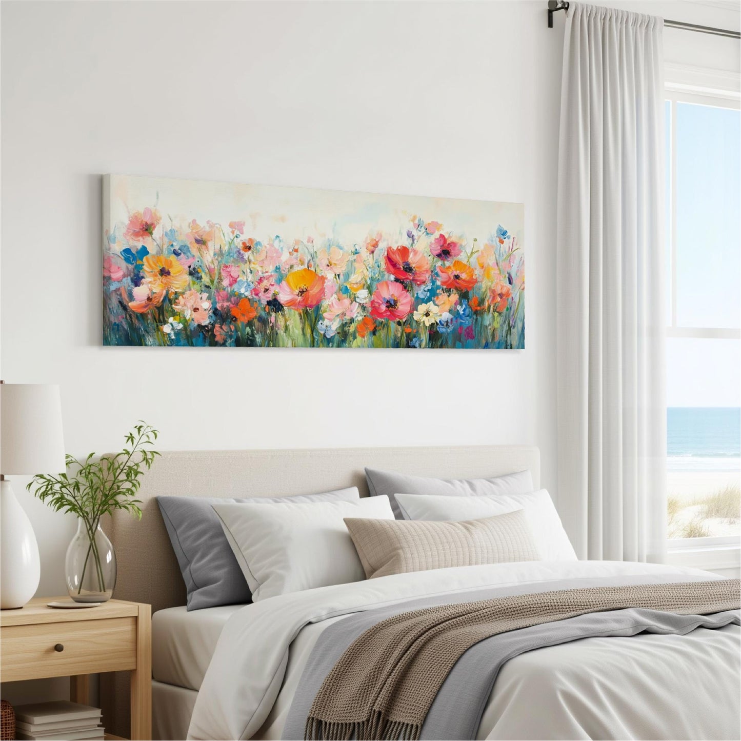 a bedroom with a large floral painting hanging on the wall above a bed with white bedding and pillows.