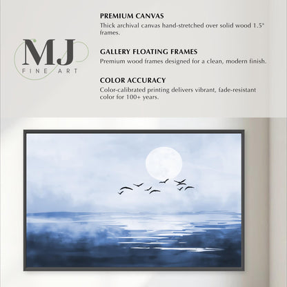 The image is a painting of a serene landscape with a body of water and a full moon in the sky. The painting is framed in a thick archival canvas hand-stretched over solid wood 1.5" frames, and it is a gallery floating frame designed for a clean, modern finish. The color accuracy of the painting is described as color-calibrated printing, which delivers vibrant, fade-resistant color for 100+ years.