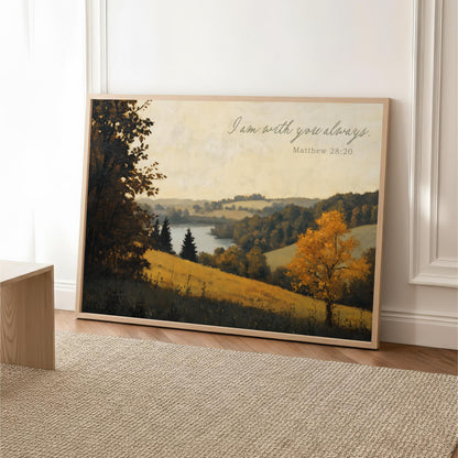 A framed painting depicting a serene landscape with a tree and a body of water, accompanied by the text "I am with you always" and a Bible verse reference.