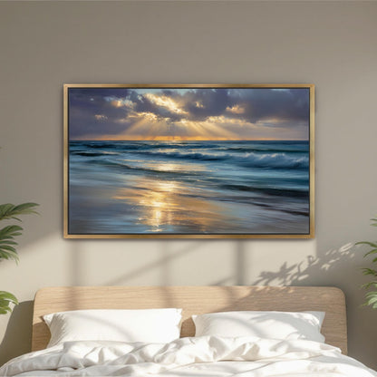 a serene beach scene with a large painting of the ocean and sky hanging on the wall above a bed with white pillows.