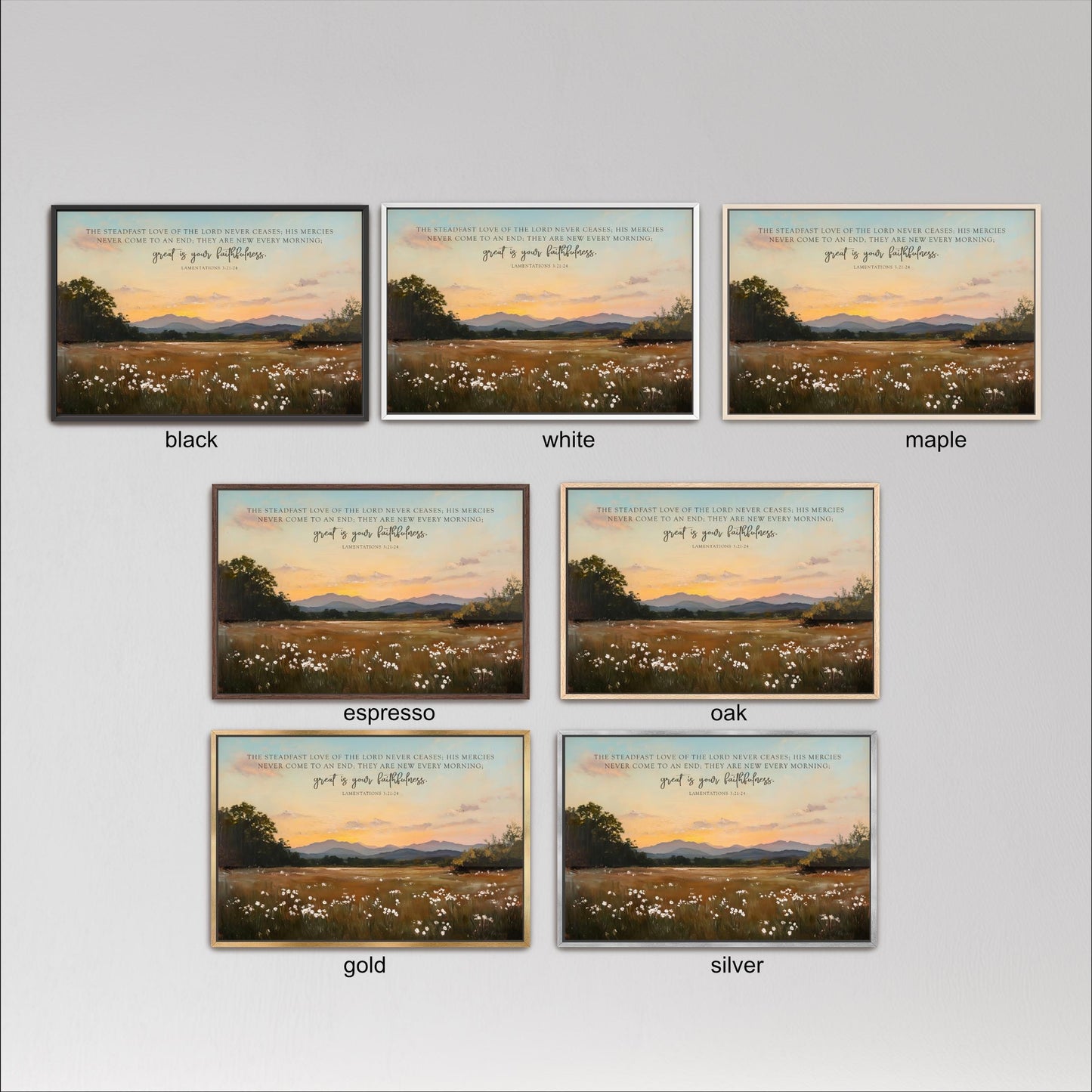 six framed pictures of a serene landscape with a field of flowers and a sunset in the background. The pictures are arranged in a grid format, with three pictures in each row and two pictures in each column. The pictures are labeled with the colors black, white, and maple, and the text in the pictures is not described in detail.