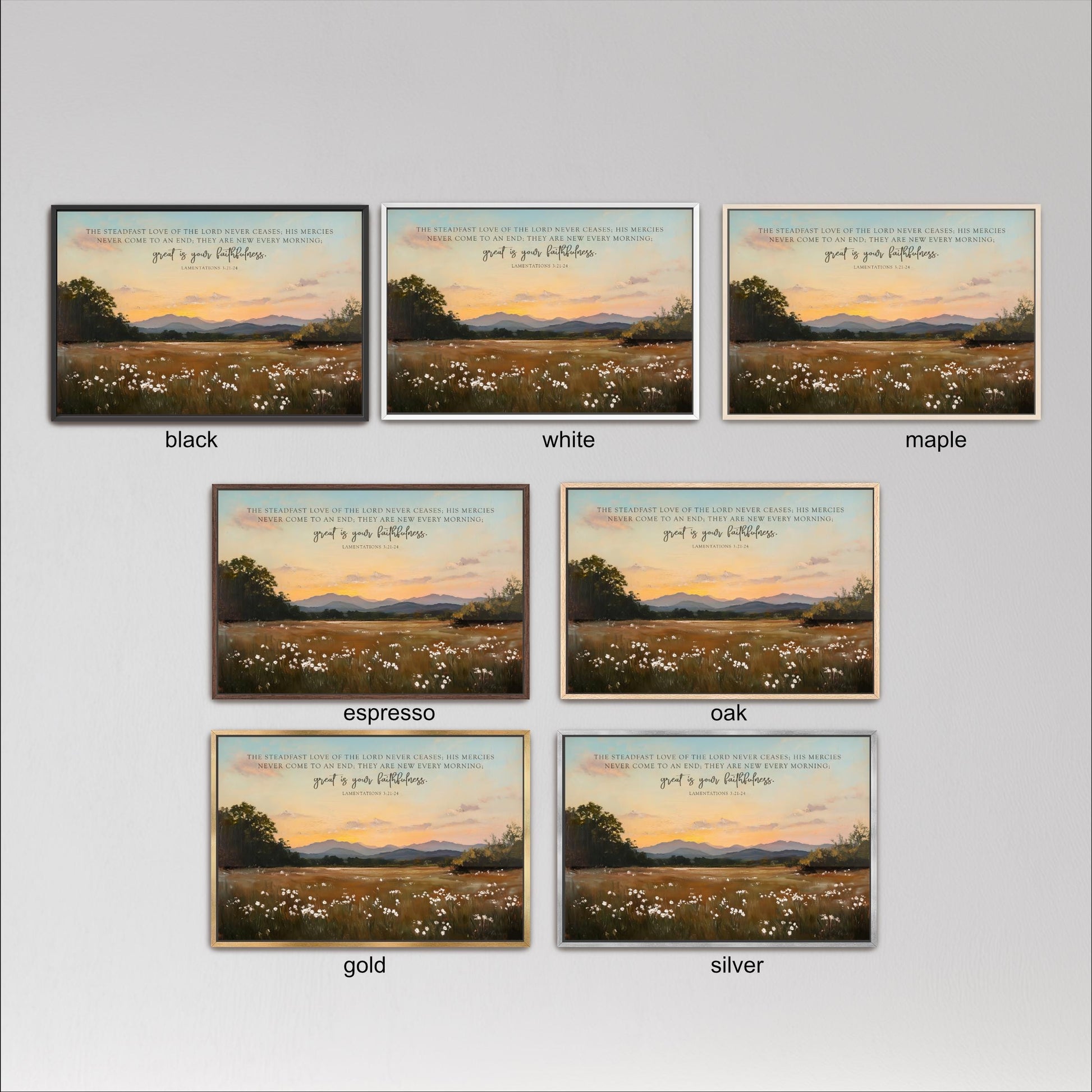 six framed pictures of a serene landscape with a field of flowers and a sunset in the background. The pictures are arranged in a grid format, with three pictures in each row and two pictures in each column. The pictures are labeled with the colors black, white, and maple, and the text in the pictures is not described in detail.