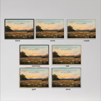 six framed pictures of a serene landscape with a field of flowers and a sunset in the background. The pictures are arranged in a grid format, with three pictures in each row and two pictures in each column. The pictures are labeled with the colors black, white, and maple, and the text in the pictures is not described in detail.