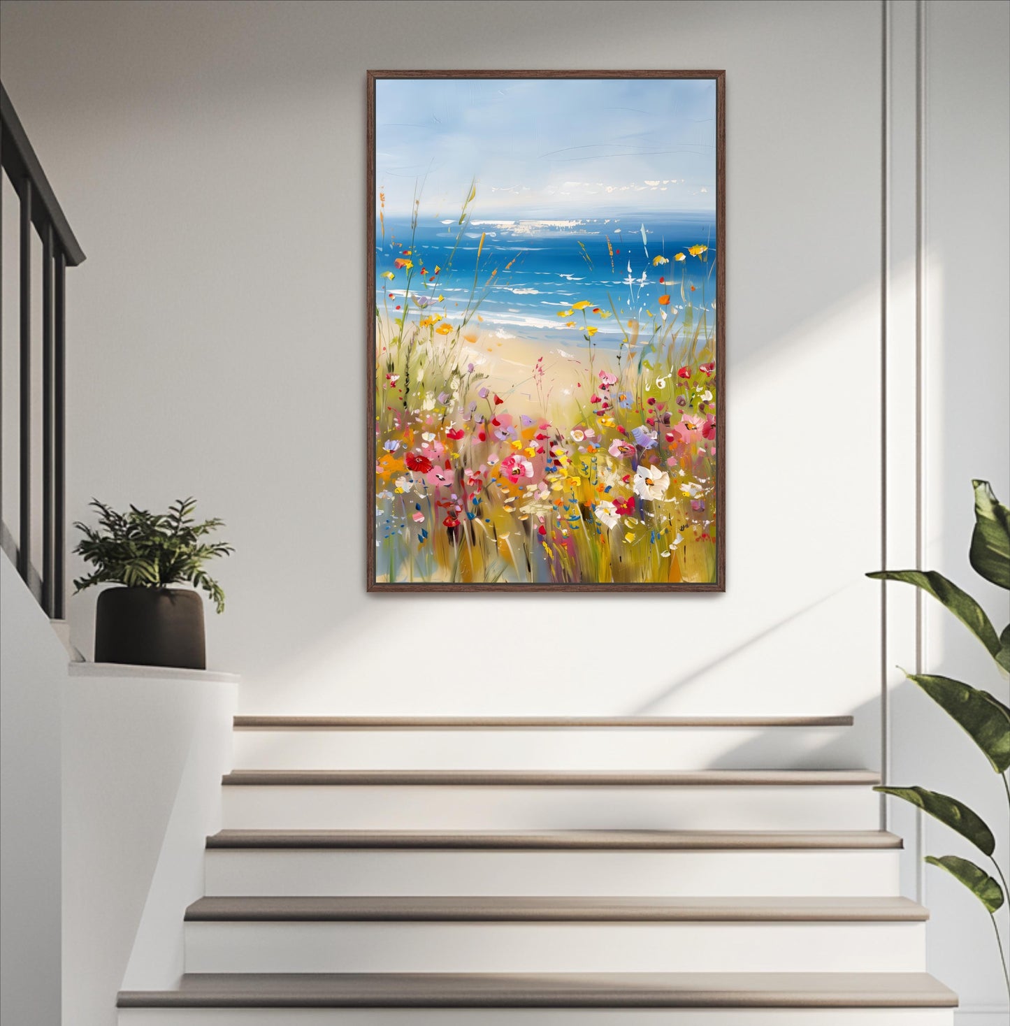 a painting of a beach scene with a blue sky, ocean, and colorful flowers.