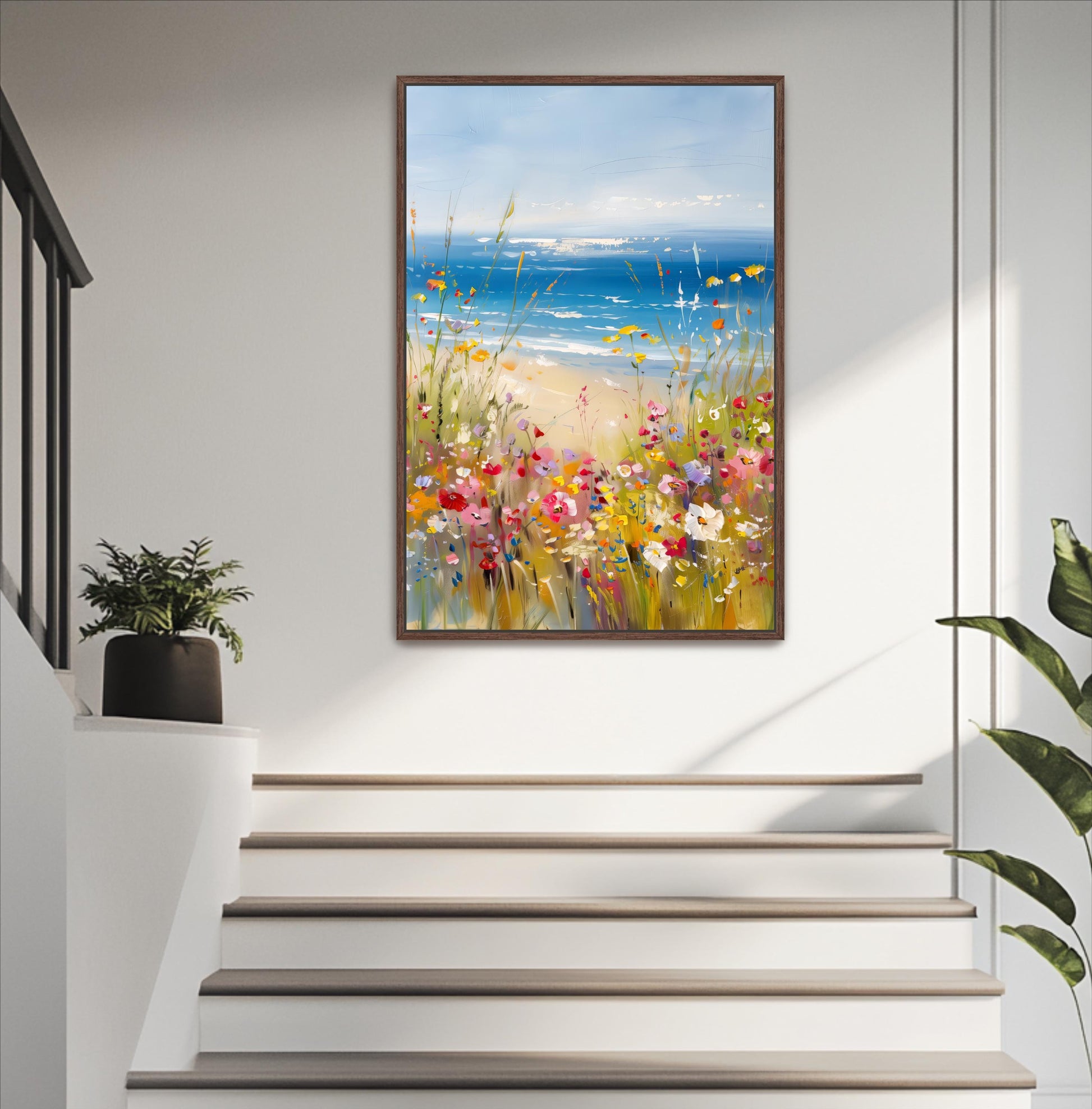 a painting of a beach scene with a blue sky, ocean, and colorful flowers.
