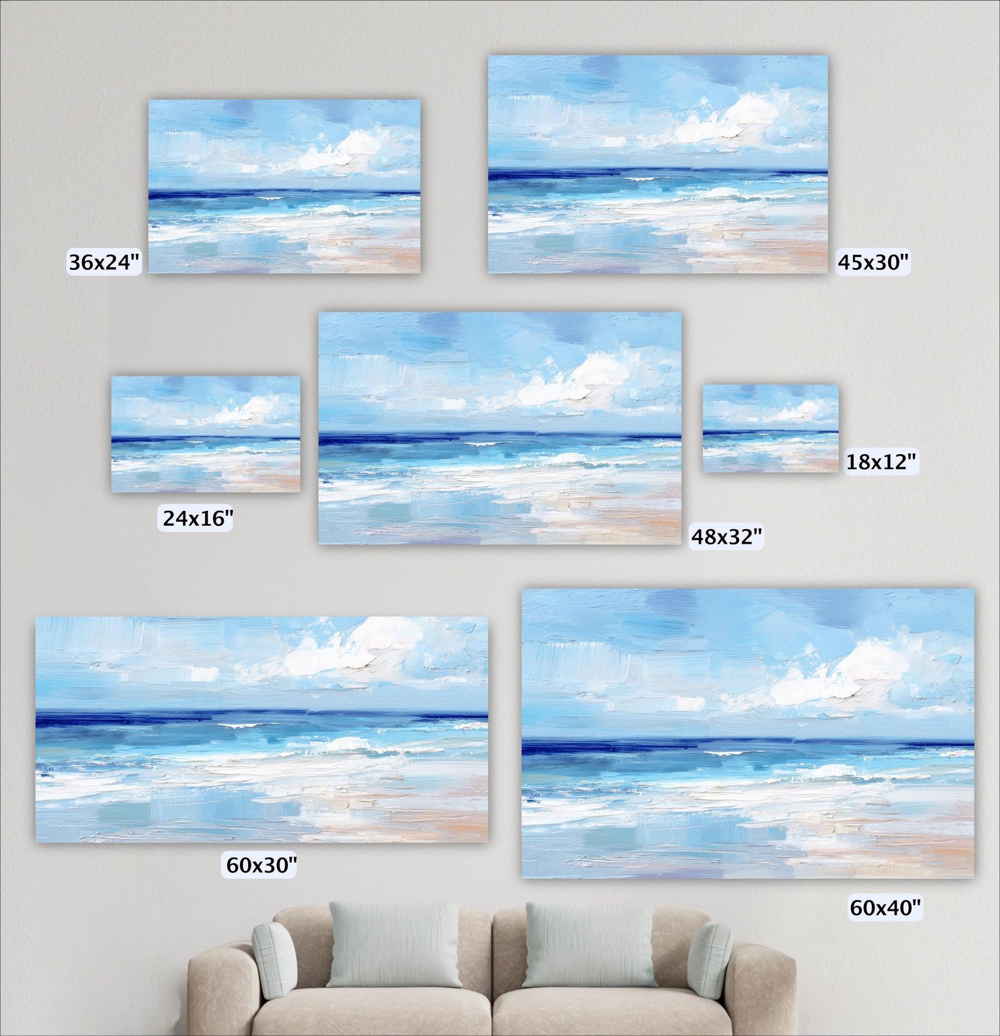 a collection of seven framed paintings depicting a serene beach scene with a blue sky, ocean, and clouds. The paintings vary in size, ranging from 36x24 inches to 48x32 inches. The paintings are arranged in a grid-like pattern on a wall, with each frame showcasing a different perspective of the beach landscape.