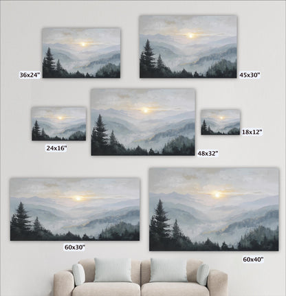 a collection of landscape paintings or photographs depicting mountains, forests, and a sunrise or sunset over the mountains. The paintings vary in size, with some being larger than others, and are arranged on a wall.
