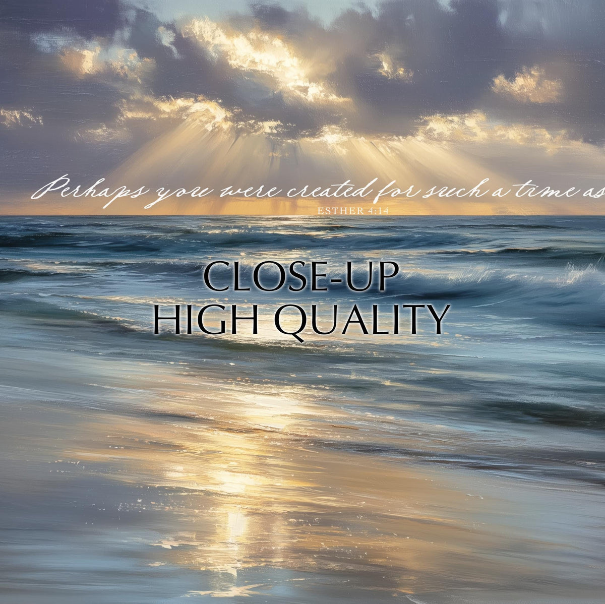 a serene beach scene with a clear sky and sunbeams shining through the clouds, creating a beautiful reflection on the water's surface.