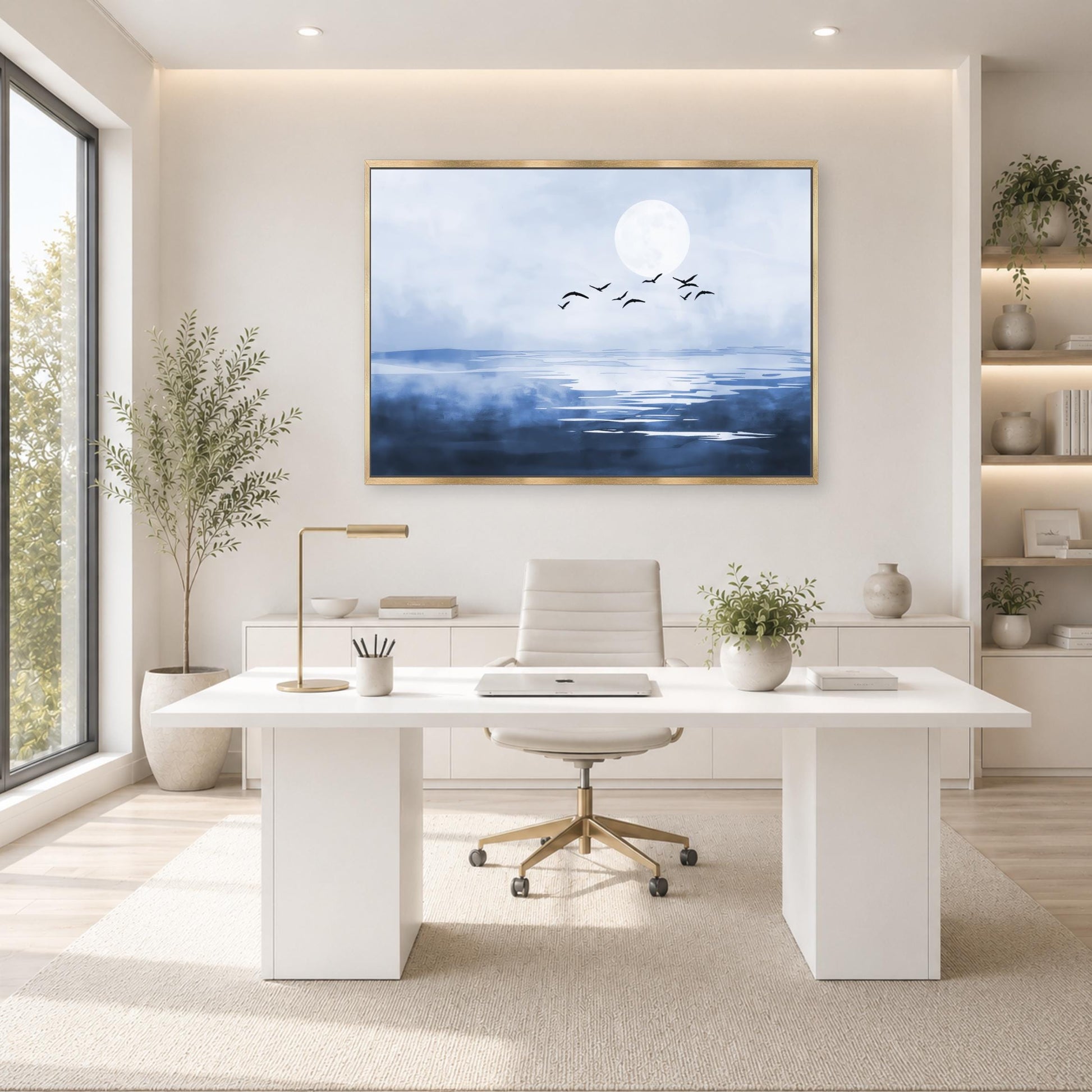 a modern, minimalist office space with a large window overlooking a serene landscape. The office features a white desk with a computer, a comfortable white chair, and a large painting of a serene landscape with a full moon and birds in flight. The room is decorated with potted plants and other natural elements, creating a calming and productive atmosphere.