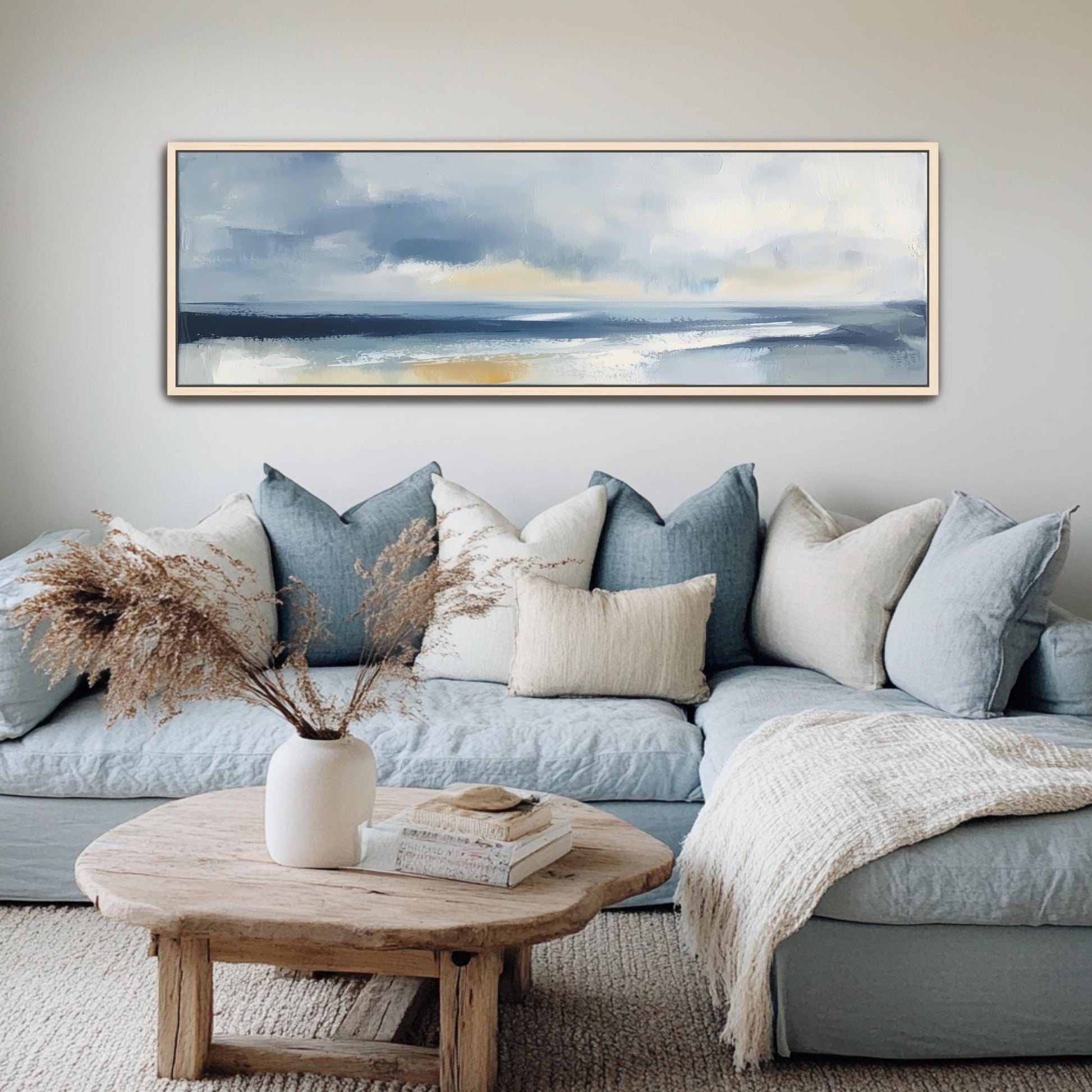 Modern Coastal Art Abstract Seascape Large Horizontal Art Navy Blue Wall Art Minimalist Horizon Beach House Decor Scandinavian Art Modern Farmhouse Panoramic Canvas Blue and Gold Art