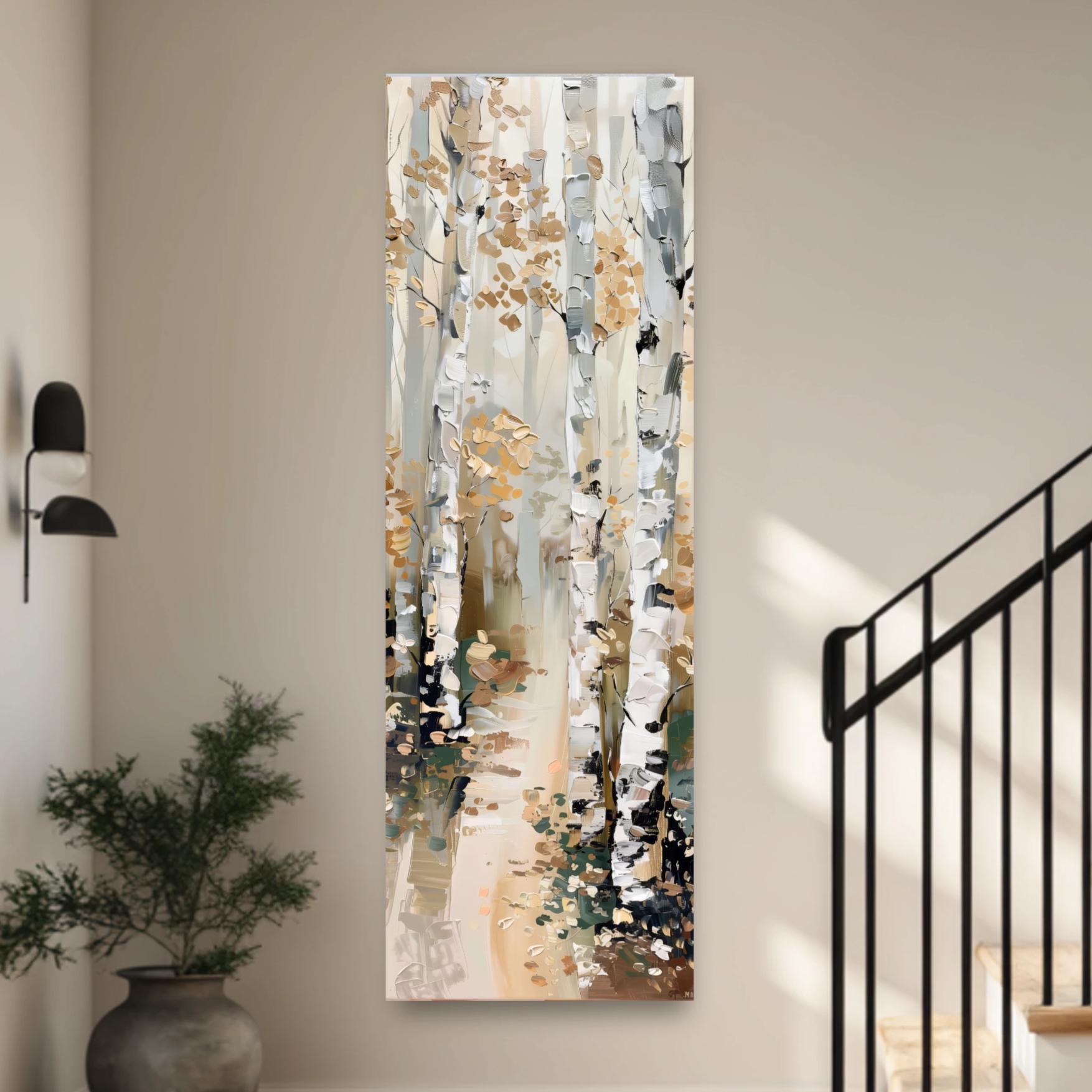 a large vertical painting of a forest scene hanging on a wall in a room.