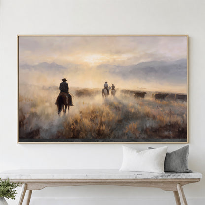 a serene scene of cowboys on horseback herding cattle in a vast, open field under a hazy, golden sky.