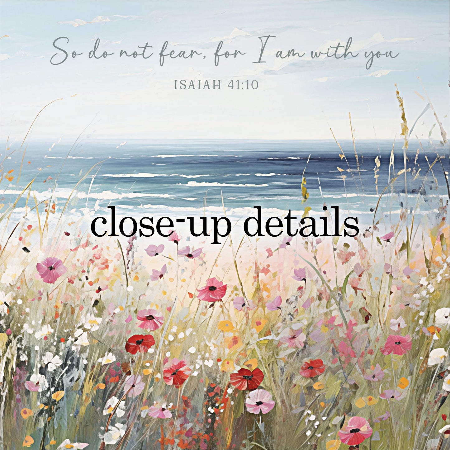 The image is a close-up of a field of colorful wildflowers, with a serene body of water in the background.
