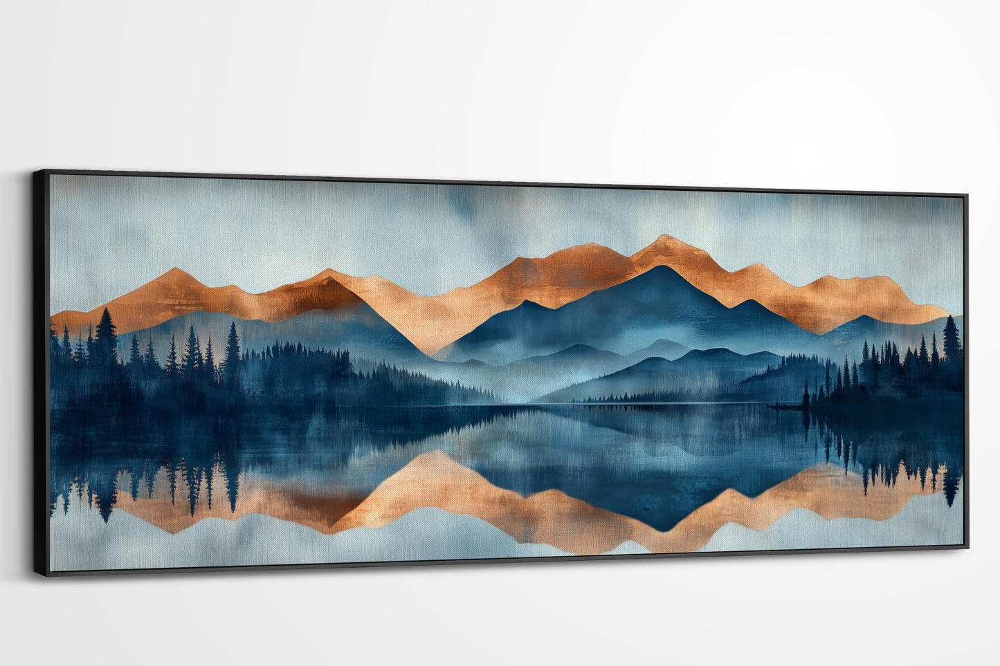 a serene landscape with a lake reflecting the mountains and trees in the background.