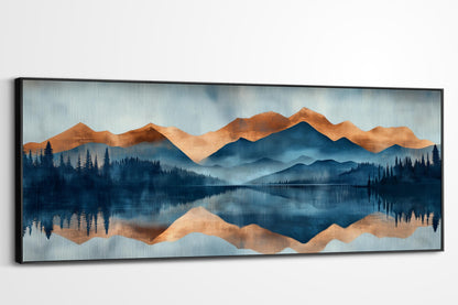 a serene landscape with a lake reflecting the mountains and trees in the background.