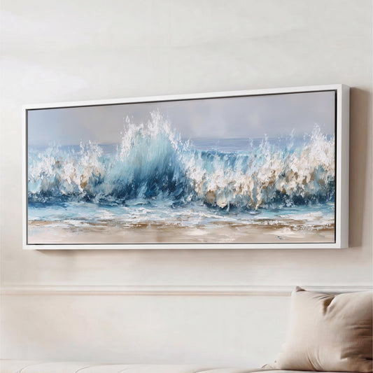 Ocean Wave Canvas Wall Art, Coastal Beach House Decor, Blue Sea Large Panoramic Framed Neutral Paint Effect Print Seascape Artwork Modern