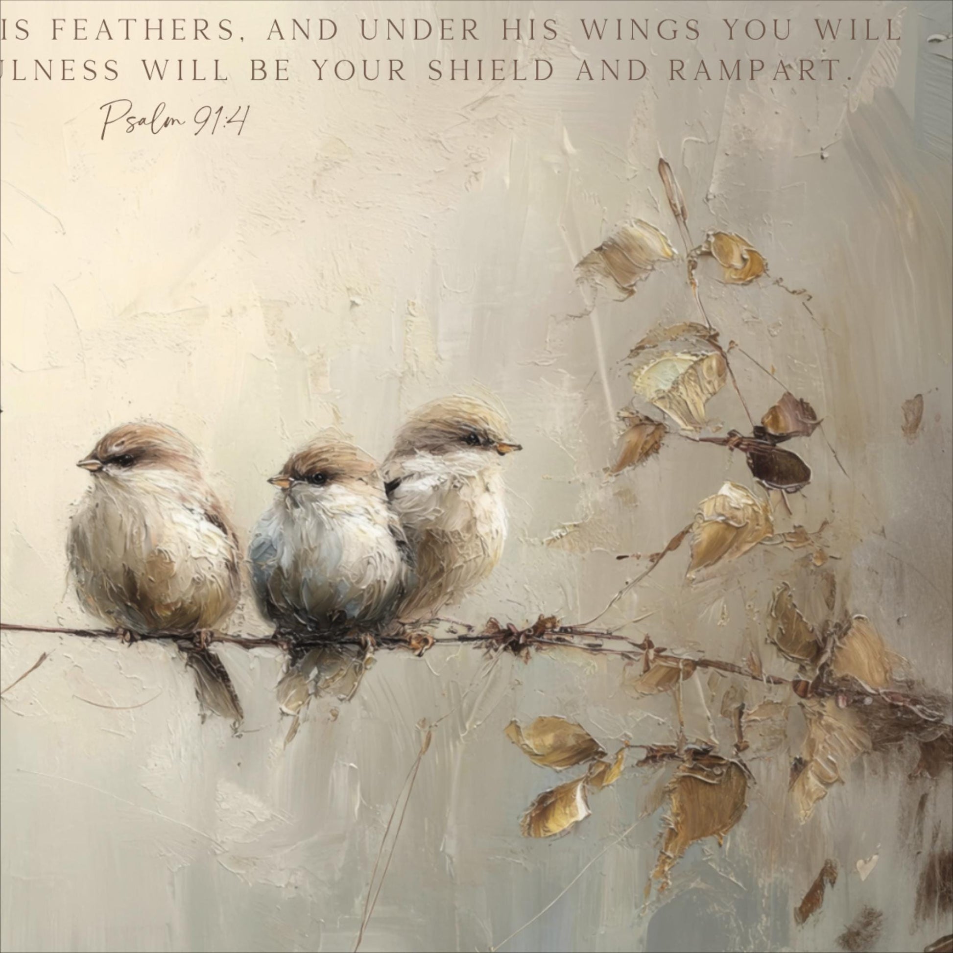three small birds perched on a branch, with a text overlay that reads "His feathers, and under his wings you will illness will be your shield and rampart. Psalm 91:4".