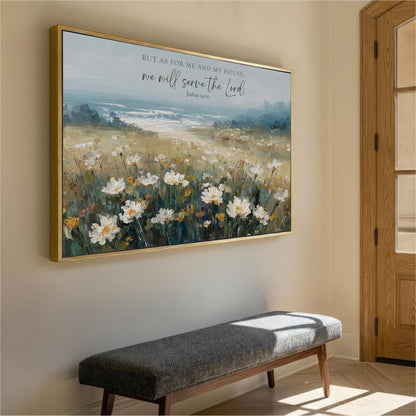 a large painting of a field of flowers hanging on a wall, with a bench in front of it.