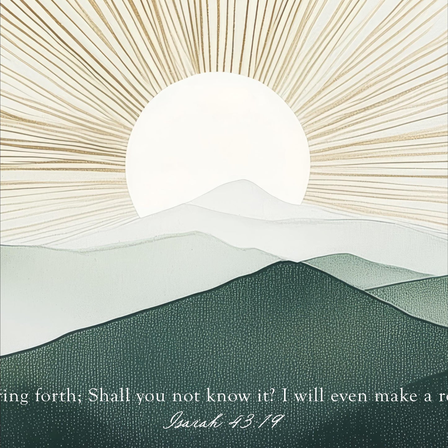 a serene landscape with a sun rising over a mountain range, casting a warm glow on the mountains.