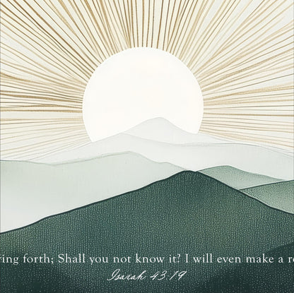 a serene landscape with a sun rising over a mountain range, casting a warm glow on the mountains.