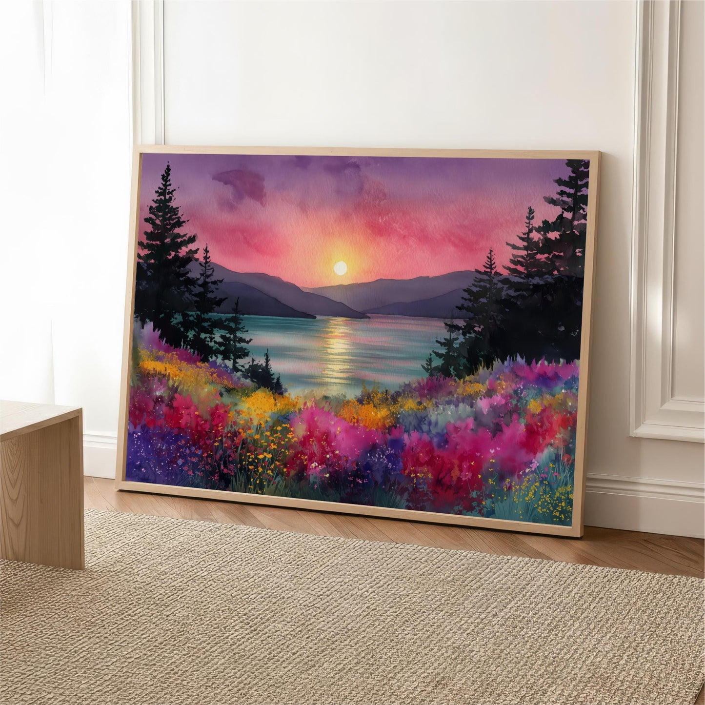 A framed painting depicting a serene landscape with a sunset over a body of water, surrounded by trees and colorful flowers.