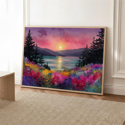 A framed painting depicting a serene landscape with a sunset over a body of water, surrounded by trees and colorful flowers.