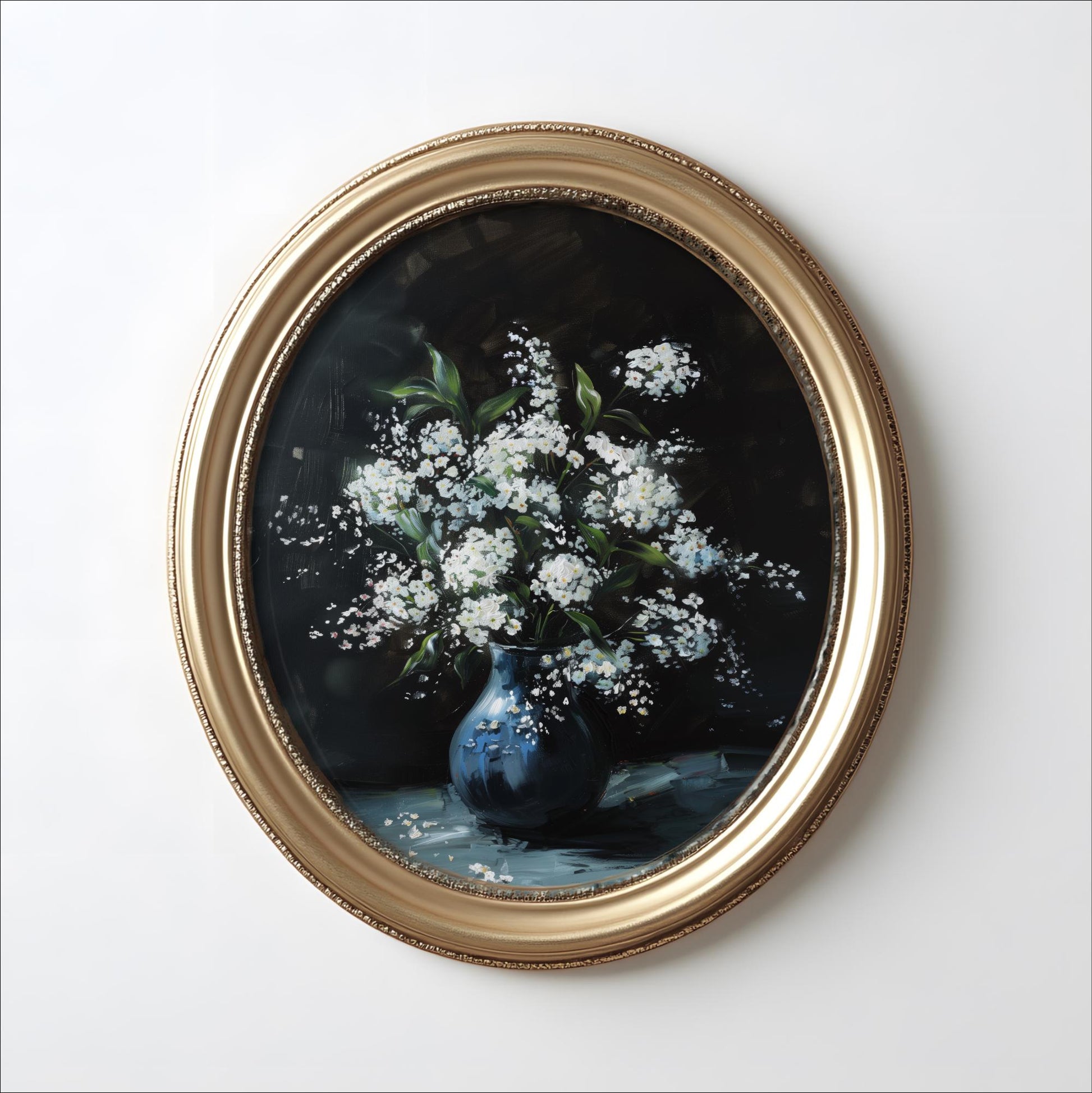 A framed painting of a vase filled with white flowers against a dark background.