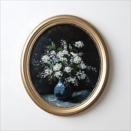 A framed painting of a vase filled with white flowers against a dark background.