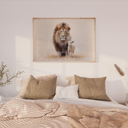 a lion and a lamb standing together in a natural setting, with a framed painting hanging on the wall above a bed with striped bedding.
