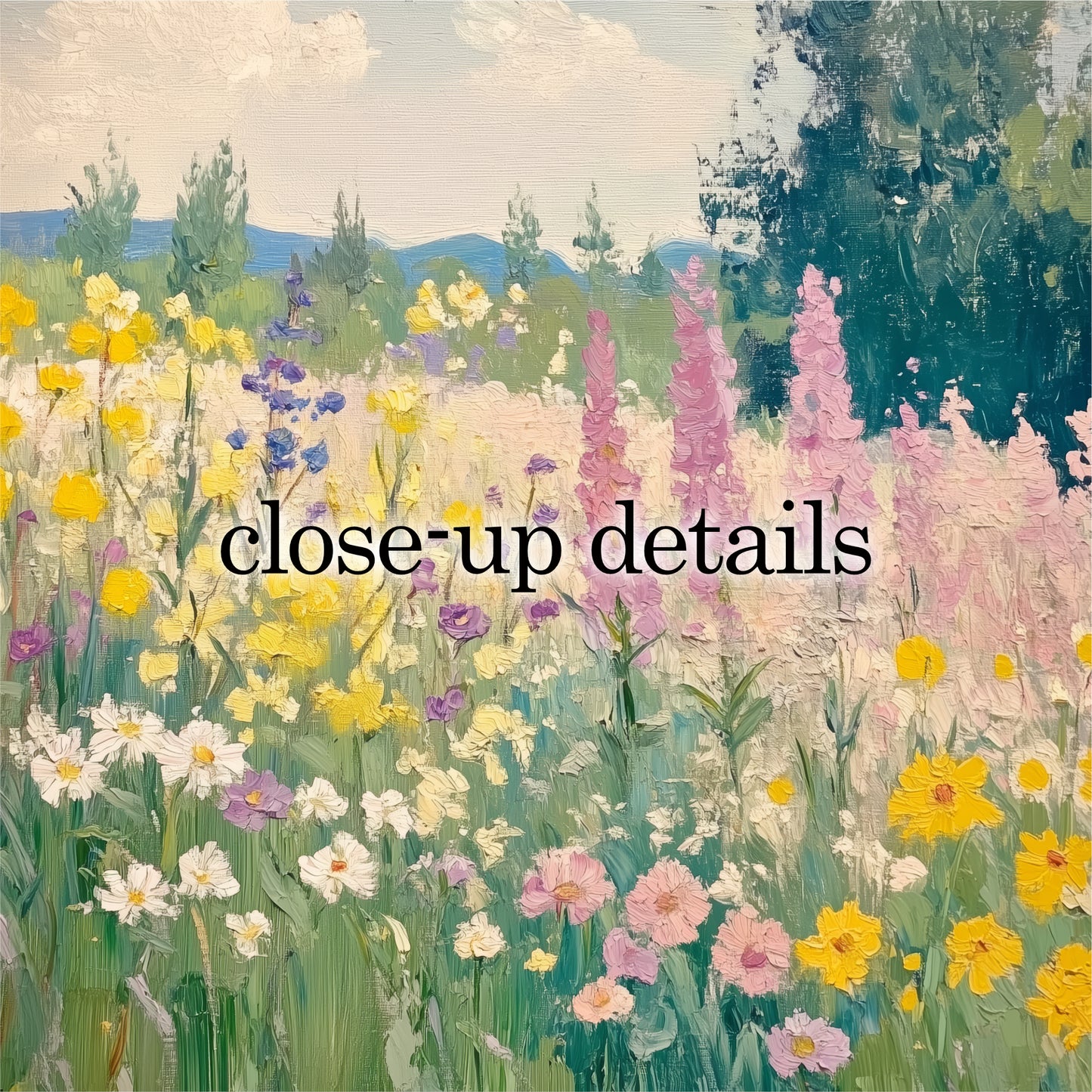 The image is a vibrant painting depicting a lush, colorful garden filled with a variety of flowers, including daisies, daffodils, and other blooms. The painting showcases the beauty and diversity of the natural world, with the artist's skillful use of color and brushstrokes creating a visually captivating scene.