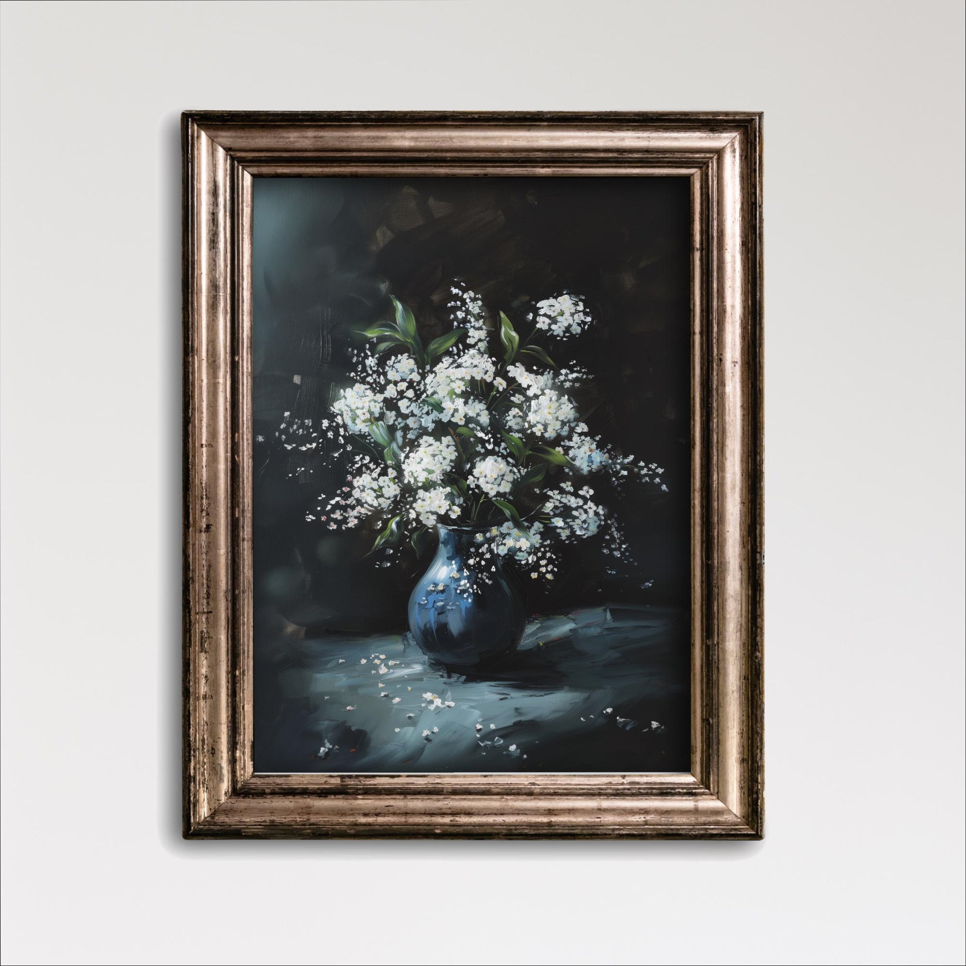 A framed painting depicting a vase filled with white flowers against a dark background.