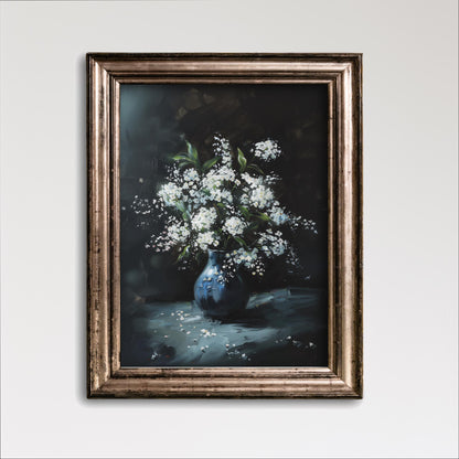 A framed painting depicting a vase filled with white flowers against a dark background.