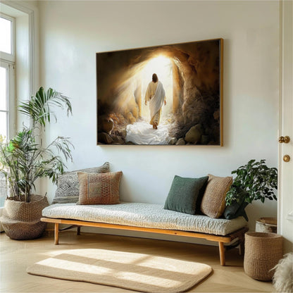a serene and peaceful living room with a large painting of a person walking out of a cave, surrounded by natural elements like plants and a wooden bench.