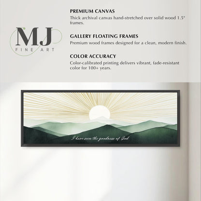 The image is a framed artwork depicting a landscape with mountains and a sun. The artwork is described as a premium canvas hand-stretched over solid wood 1.5" frames, a gallery floating frame, and a color accuracy that delivers vibrant, fade-resistant color for 100+ years.