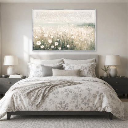 a serene bedroom scene with a large bed adorned with a floral comforter and pillows, flanked by two nightstands with lamps. Above the bed, a large framed print of a field of flowers serves as a focal point in the room.