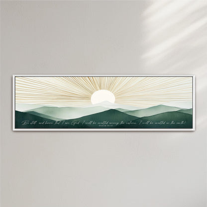 a painting of a mountain range with a sun in the background