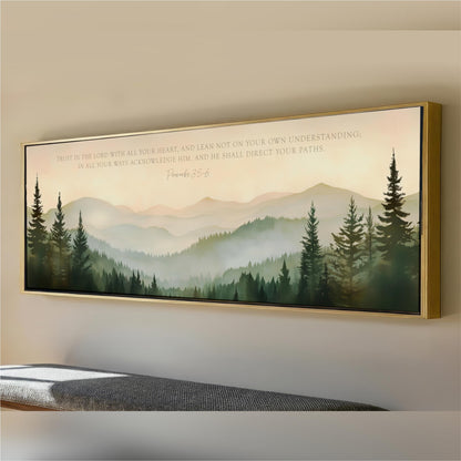 Forest Mountain Framed Wall Art, Trust in the Lord Proverbs 3:5-6, sage Green Landscape Canvas Print, Nature Decor, Pine Trees, Christian Artwork rustic large wide wall art, religious gift idea