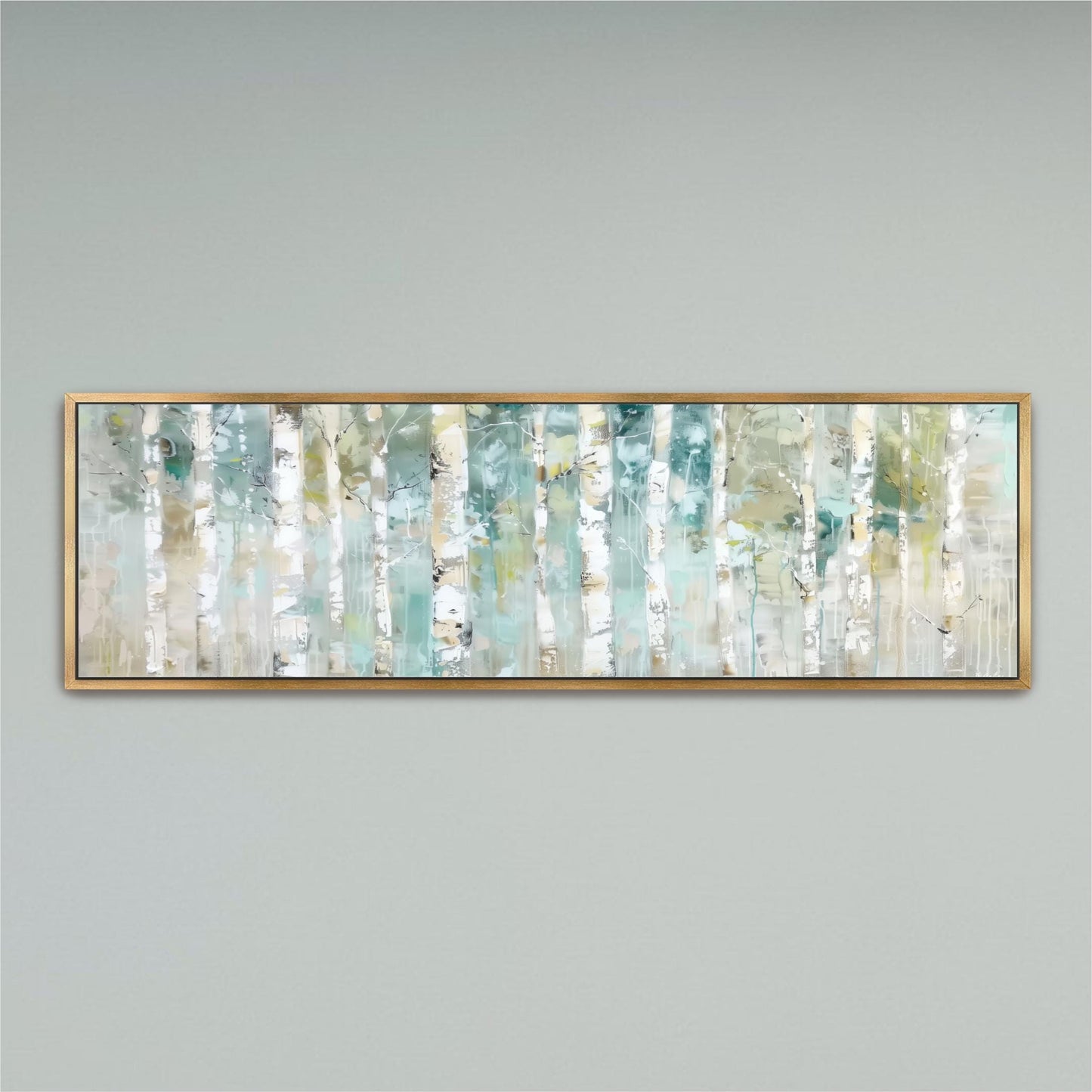 The image is a framed painting of a forest scene with tall trees in various shades of green and white.
