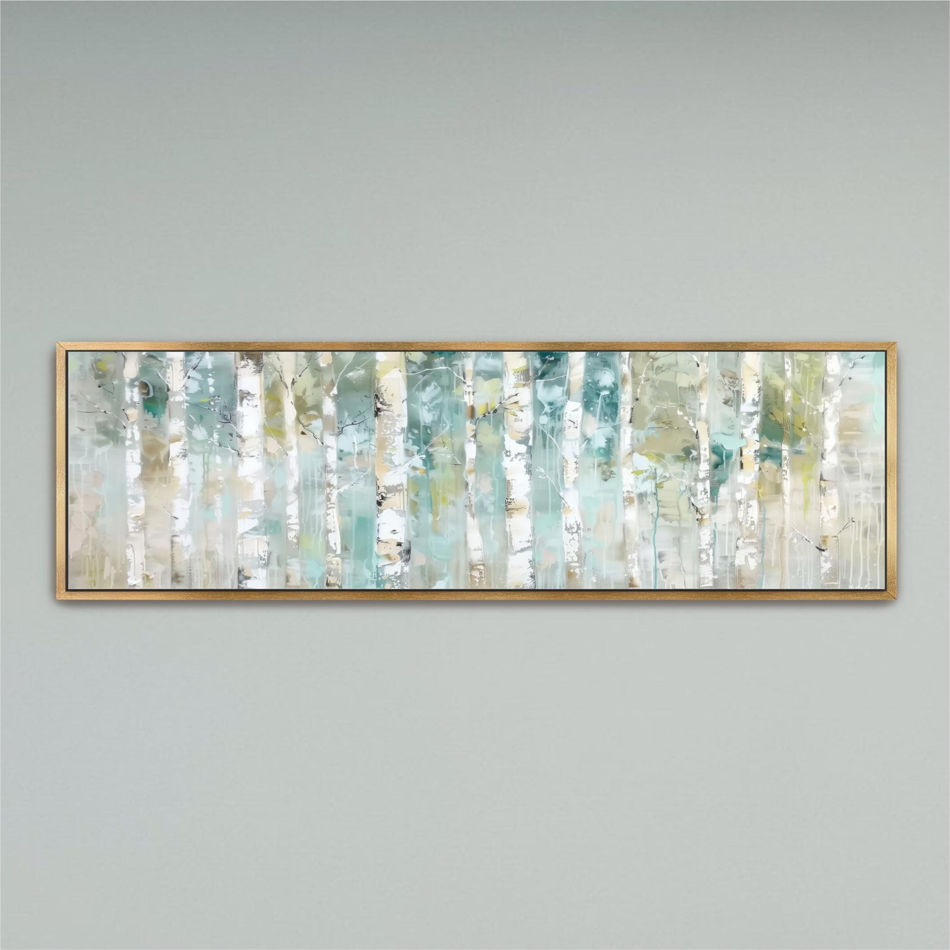 The image is a framed painting of a forest scene with tall trees in various shades of green and white.