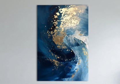 The image is an abstract painting with a blue and gold color scheme. The painting features swirling patterns and splashes of gold against a dark blue background.