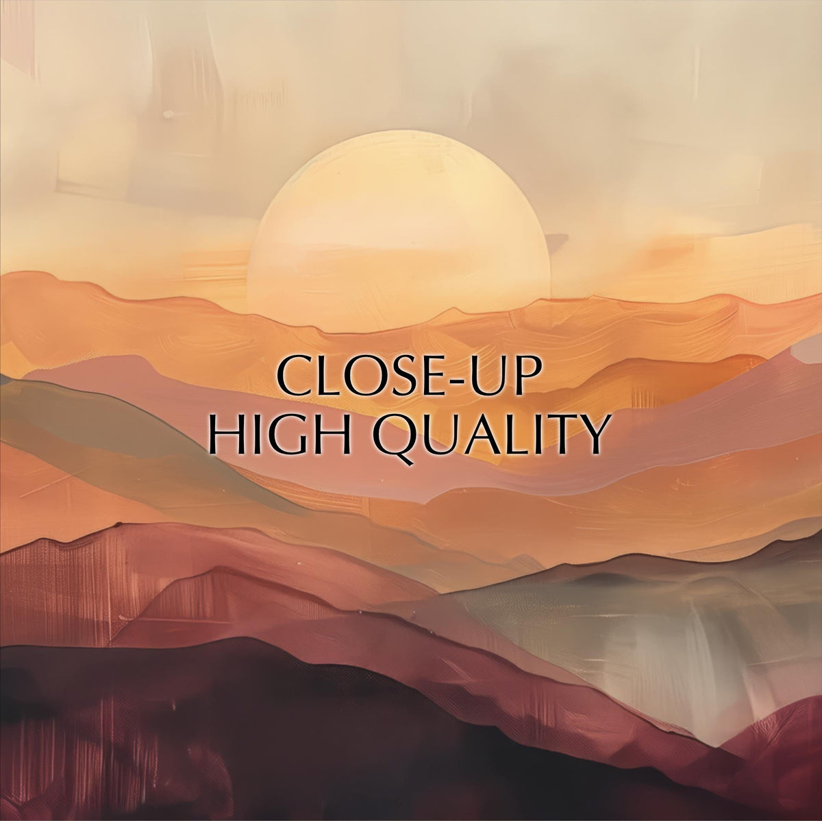 The image is a close-up of a sunset over mountains, with the text "CLOSE-UP HIGH QUALITY" overlaid on the scene.