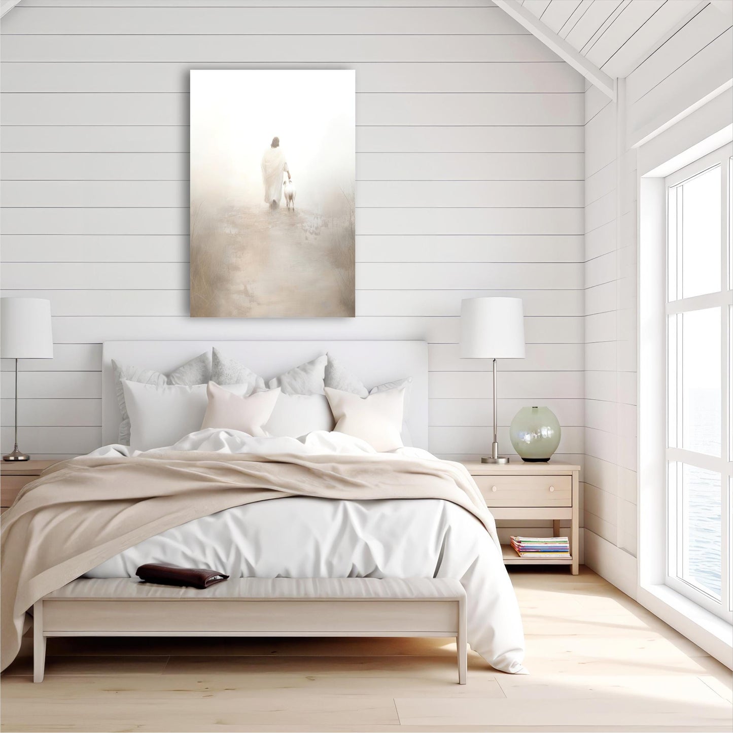 a bedroom with a bed and a painting on the wall