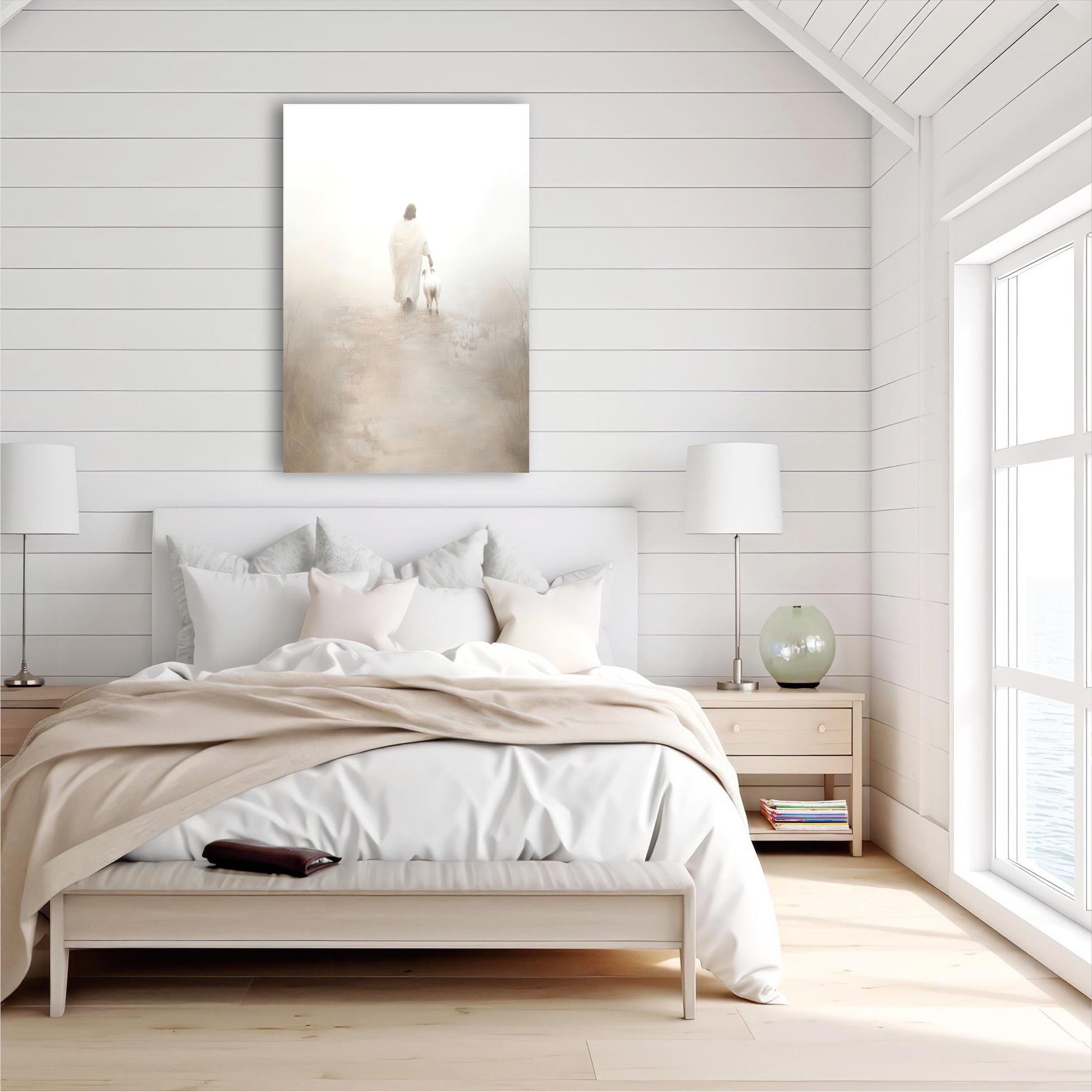 a bedroom with a bed and a painting on the wall
