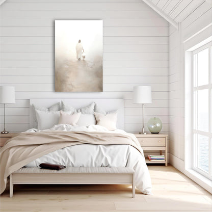 a bedroom with a bed and a painting on the wall