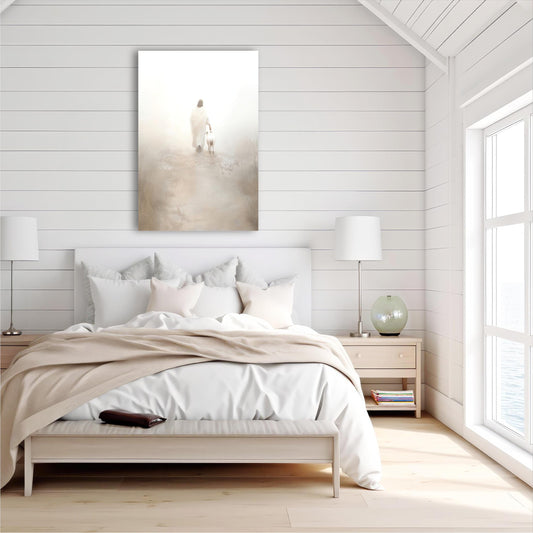 a bedroom with a bed and a painting on the wall
