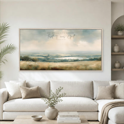 a large landscape painting hanging on a wall above a white sofa in a living room.