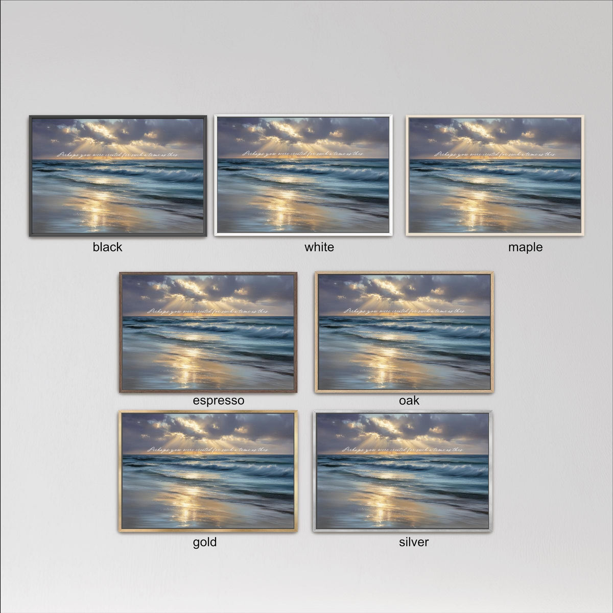 six framed pictures of a beach scene, each with a different color and frame style. The pictures are arranged in a grid format, with three pictures in each row and two pictures in each column. The frames are labeled with the color and style of the picture, such as black, white, maple, espresso, oak, gold, and silver.