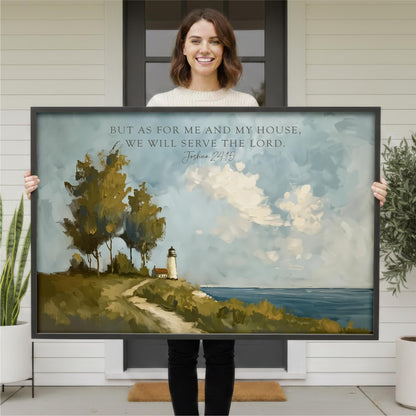 A woman is holding a large painting of a lighthouse and a landscape, with a text overlay that reads "But as for me and my house, we will serve the Lord."