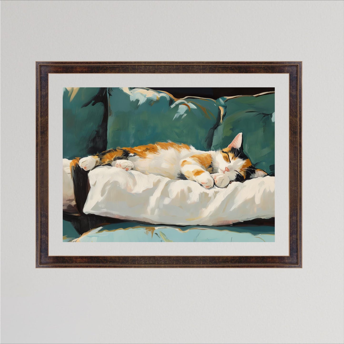A framed painting depicting a cat lying on a white pillow on a green couch.
